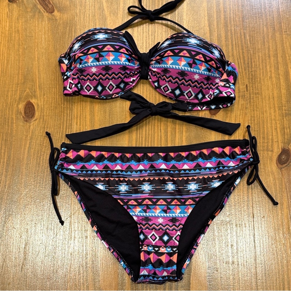 Black & Purple Aztec print wired push up top women’s Bikini set size M NWOT